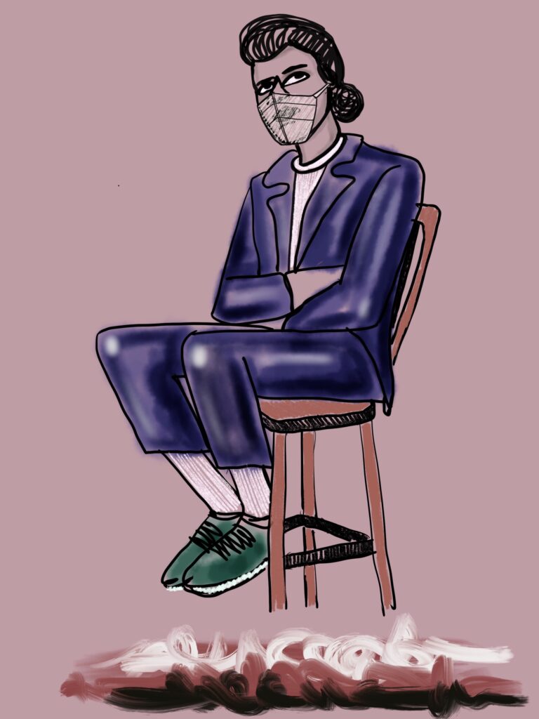 Perched on a tall chair, a masked person contemplates with arms crossed. Colors swirl beneath. 