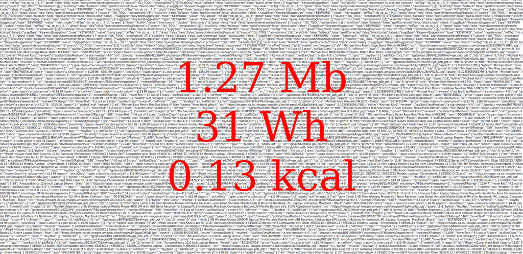 Líneas de código imposiblemente pequeñas con un texto rojo superpuesto que calcula el consumo de energía del sitio: 1,27 Mb, 31 Wh, 0,13 kcal
