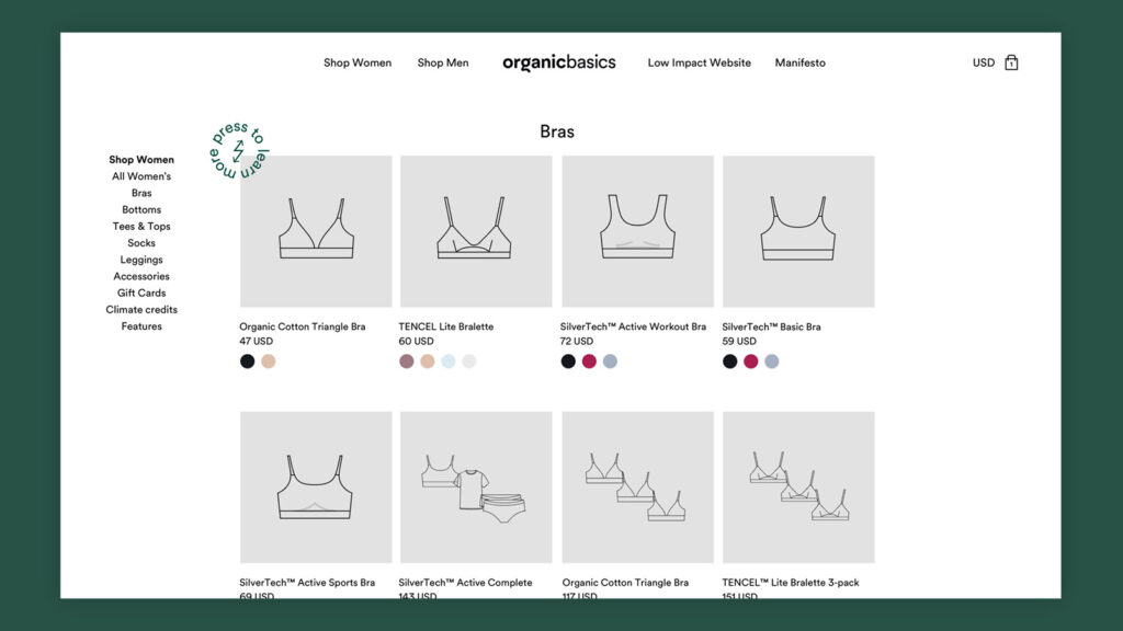 Organic Basics Low Impact Website collection page