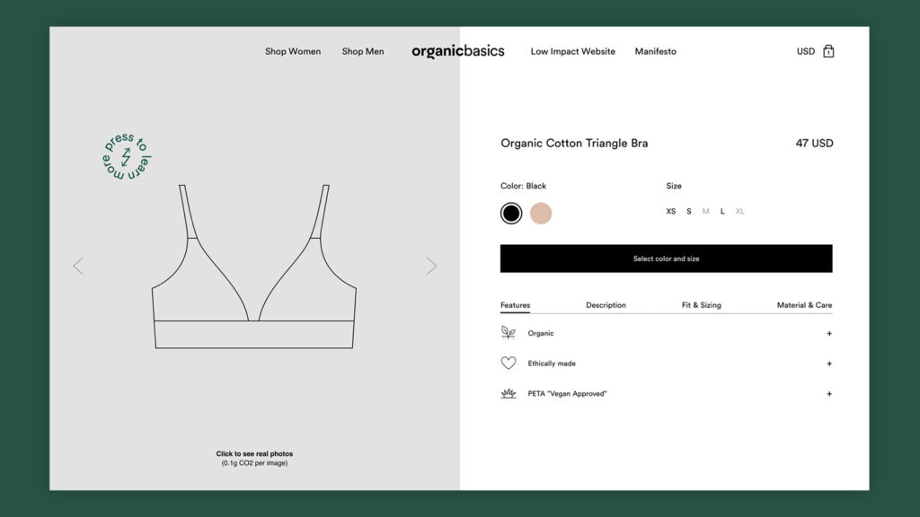 Página de los productos del sitio web de bajo impacto de Organic Basics
