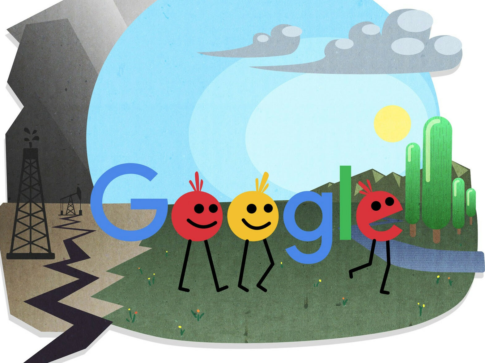 El logo de Google donde las o y la e son caricaturas y caminan desde un panorama oscuro y tenebroso a uno verde y brillante