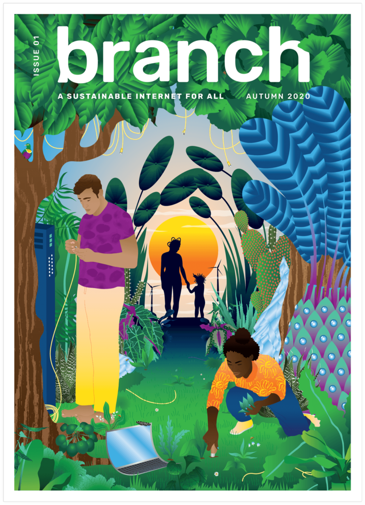 Branch Issue 1 cover by Hélène Baum. A hopeful and colorful scene that reimagines our relationship with the internet and nature
