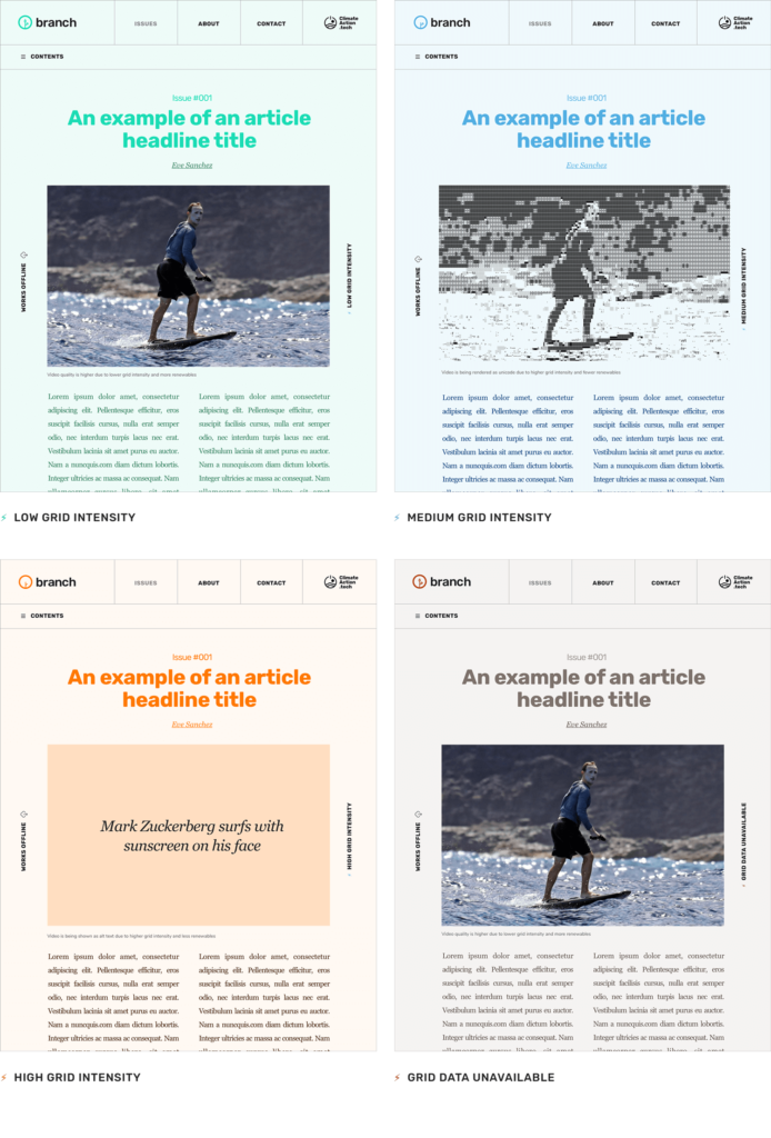 Four mockups show the different designs for low, medium and high grid intensity as well as if no data is available