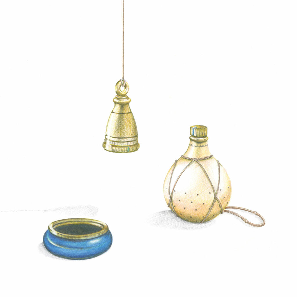 Three Soliga Voice Assistants. Turned painted lacquered wood, brass bezel, various electronic components. 2034. Cast bell metal, metal bezel, woven twine, various electronic components. 2045. Perforated dried gourd, brass dial, woven twine, various electronic components. 2030.