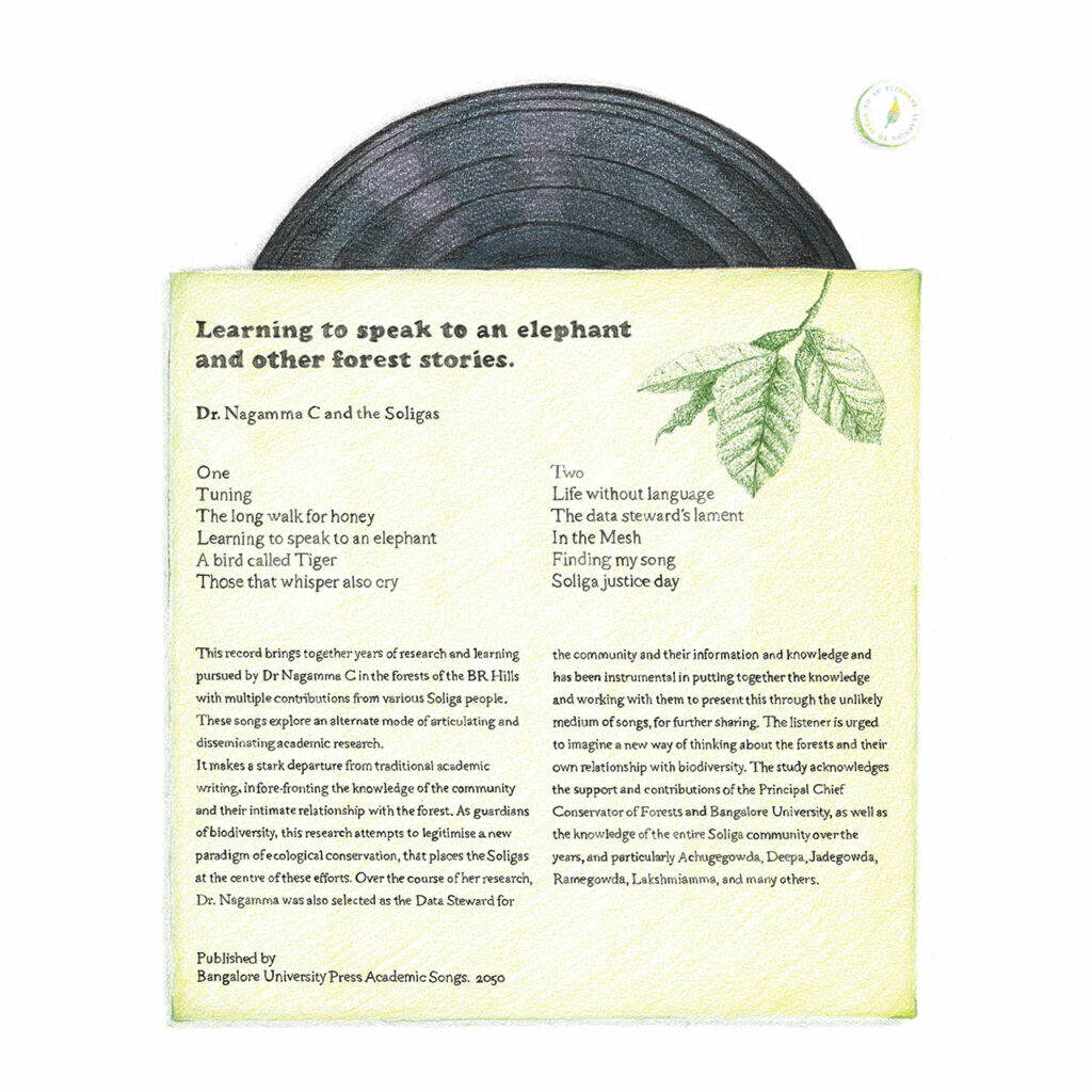 Learning to speak to an elephant and other forest stories. Vinyl record published by Bangalore University Press Academic Songs. 2050. Laser written, nanostructured glass, 5D optical data disc. 2050.