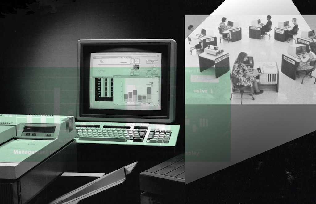 Digital collage in black, white and bright green, combining archival promotional imagery of clerical workers using computers and an image of an early desktop environment