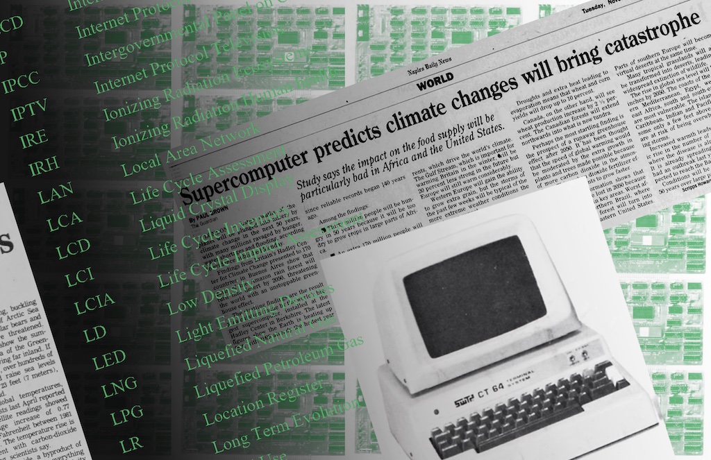 Digital collage in black, white and bright green, combining archival new coverage of climate change and computing developments with promotional imagery of computing systems