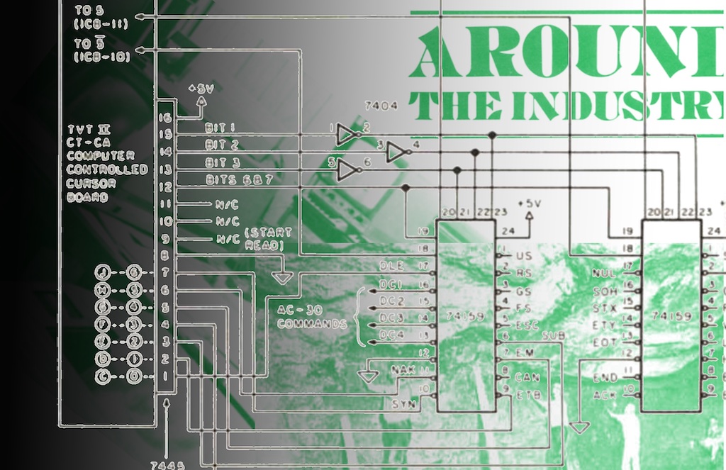 Digital collage in black, white, and bright green, combining archival imagery of printed circuit board design, a mine, and promotional imagery of computing industry