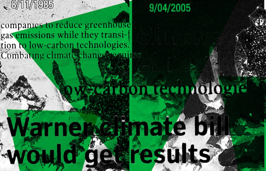 Digital collage in black and white, combining text from archival news coverage about technology and climate change