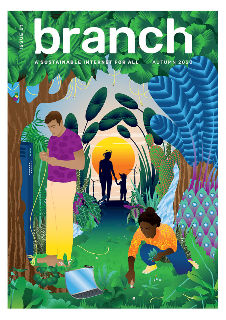 Branch issue 1 magazine cover - Autumn 2020 - A hopeful scene that reimagines our relationship with the internet and nature