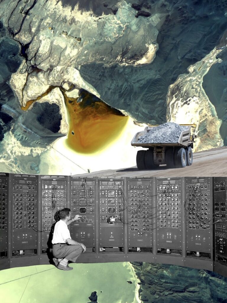 Image depicts one of the first analog computers against an aerial photograph of a lithium ion mine and a mining truck taking lithium from the earth. Does green always mean clean?, by Maya Adams, (CC BY-NC 4.0)