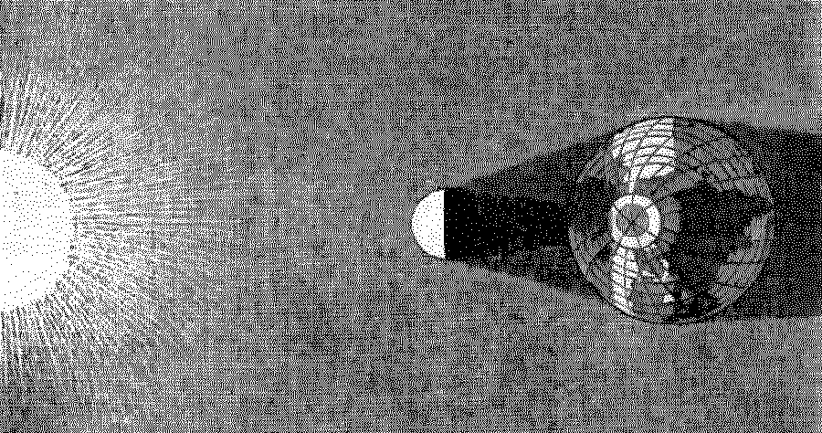 Greyscale illustration of the earth, moon and sun