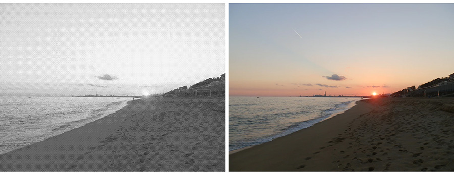 Screenshots of a Barcelona beach - one greyscale, one in full colour