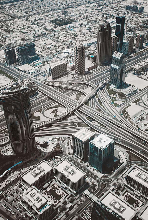 Dense urban landscape with complex motorway junctions