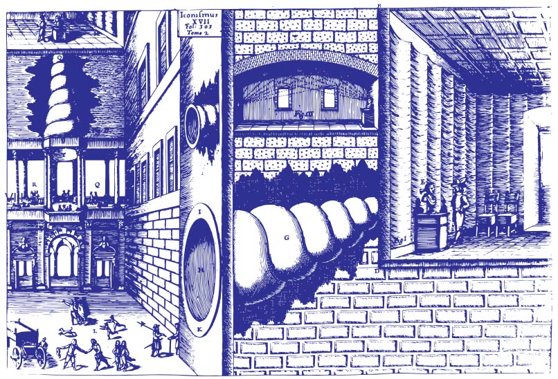 Statua citofonica - purple illustration of horn shaped tunnels in a builing