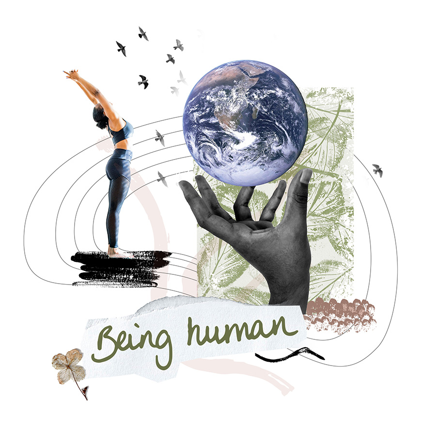 Collage image with text "Being human" at bottom