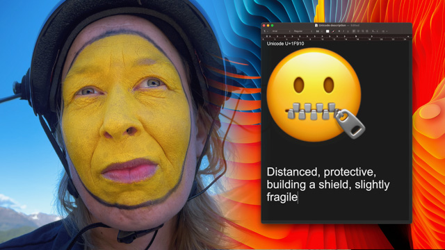 Woman's face painted yellow next to zipper mouth emoji icon