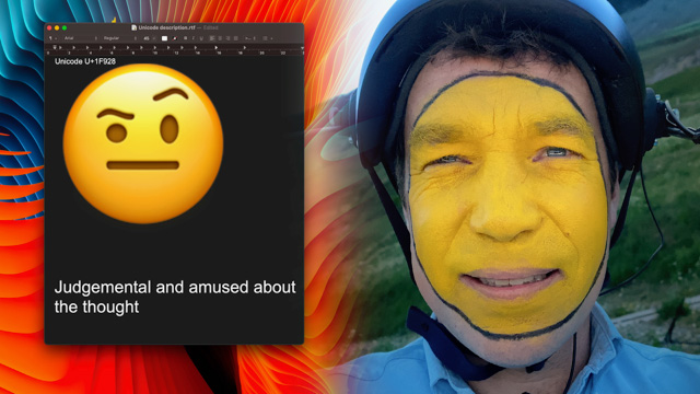 Judgemental emoji icon next to face of man painted yellow