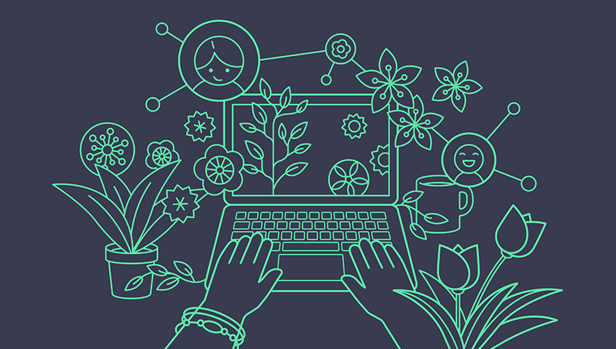Illustration of a green laptop with hands typing surrounded by plants