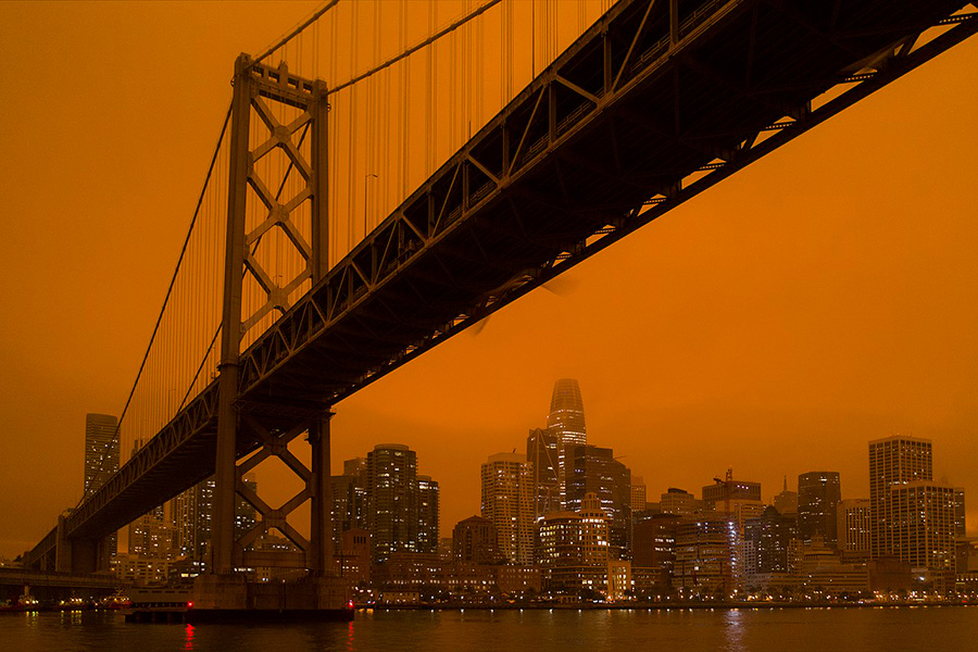 Smoke over San Francisco, turning the daytime sky a dark orange.
