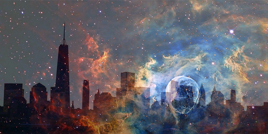 Outer space blended with a city skyline