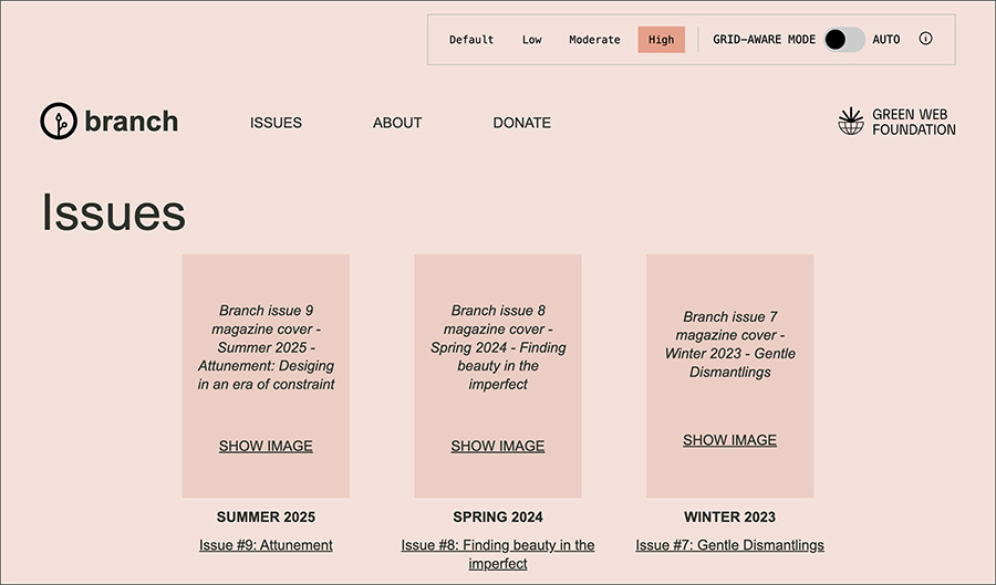 Screenshot of Branch's about page in high intensity grid-aware mode