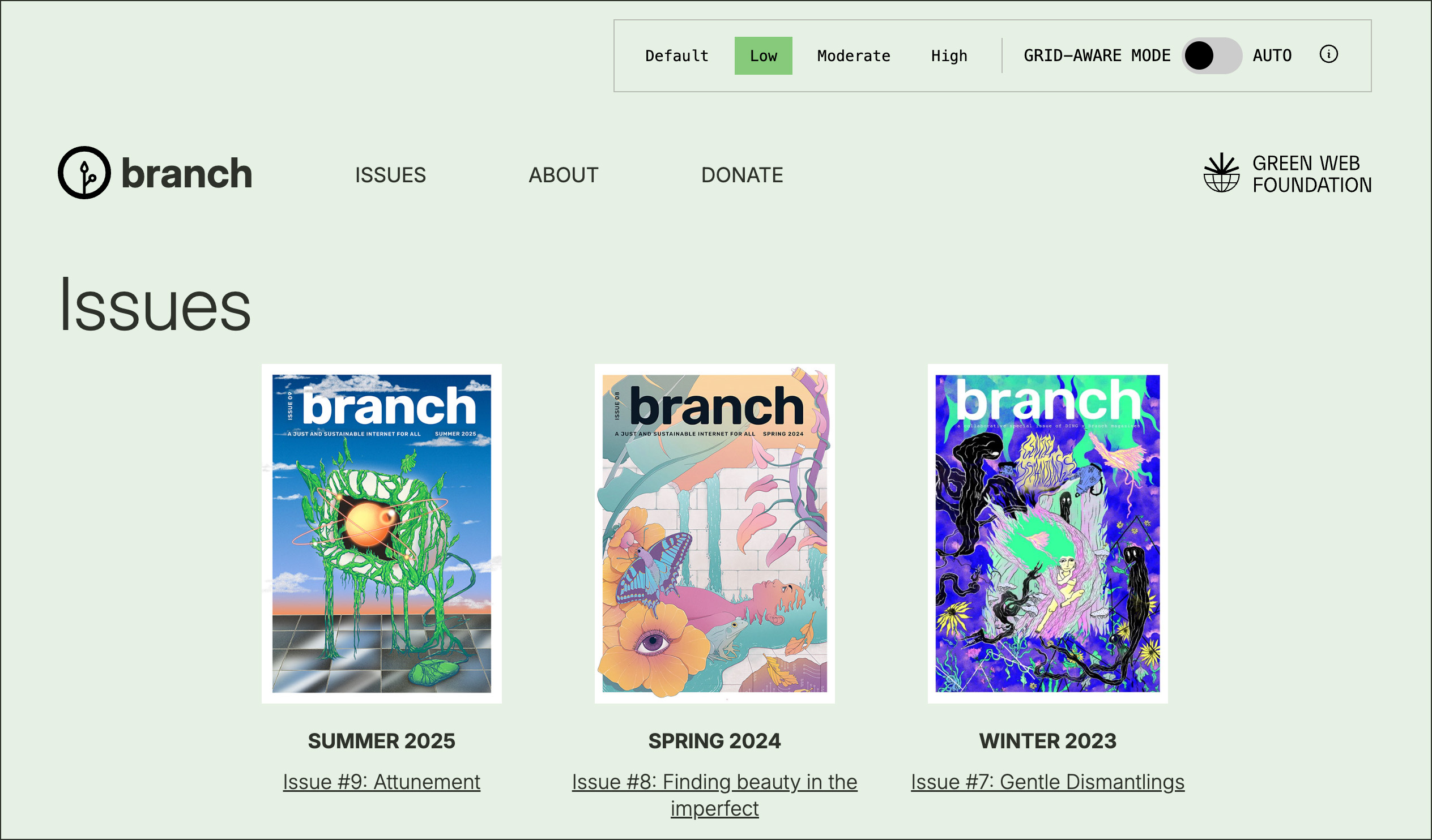 Screenshot of Branch's about page in low intensity grid-aware mode