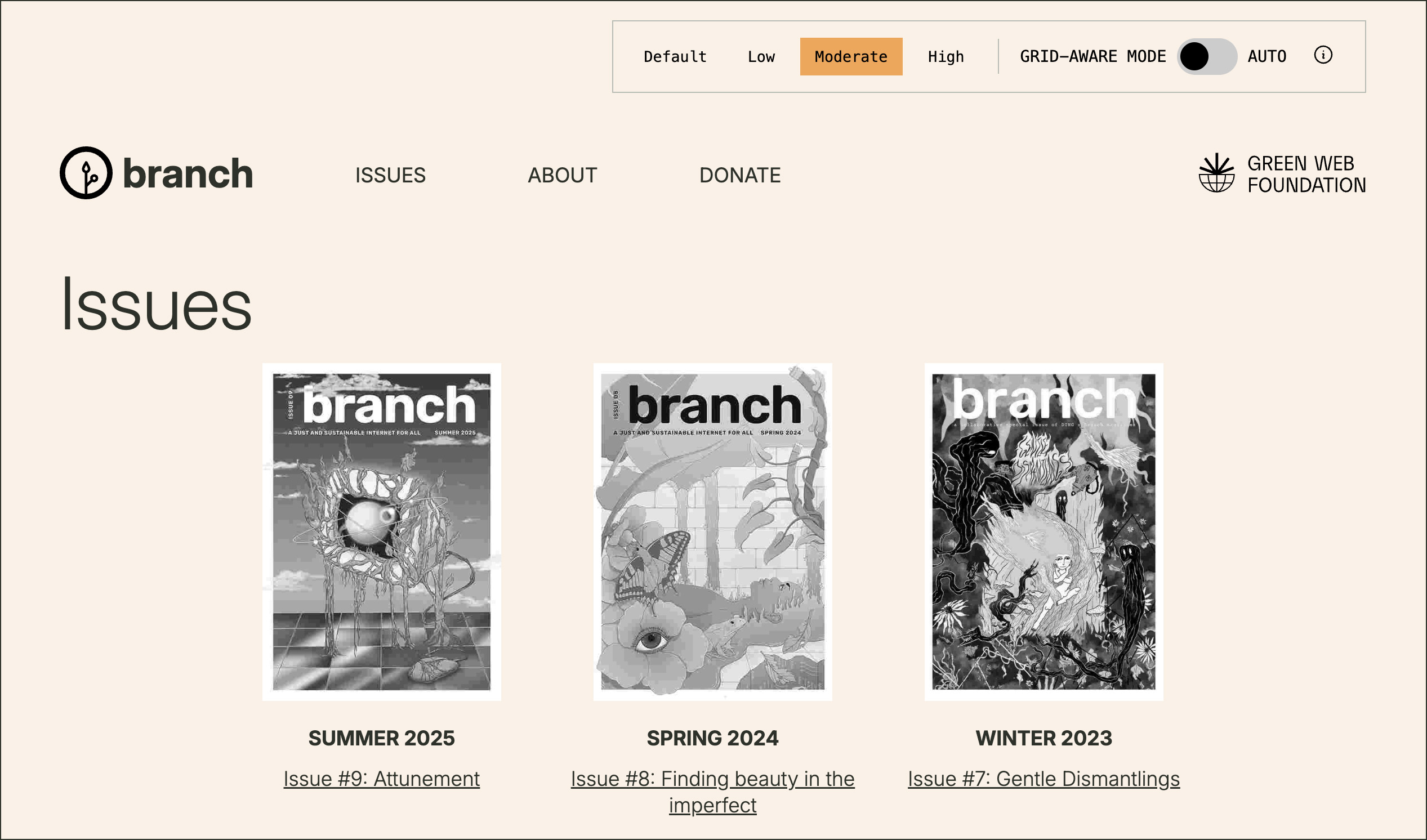 Screenshot of Branch's about page in medium intensity grid-aware mode