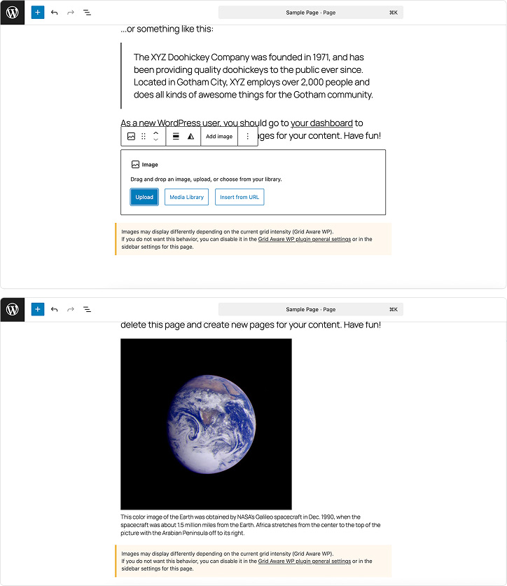 Screenshots of the image and video insertion blocks. Text has been added to inform you of changes to these elements due to plugin activation.