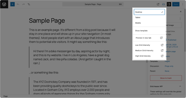 Screenshot of the built-in preview options that come with the WordPress site editor by default.