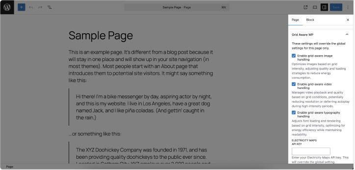 Screenshot of a page that is being edited. The side panel with the plugin options is highlighted from the rest of the screenshot.