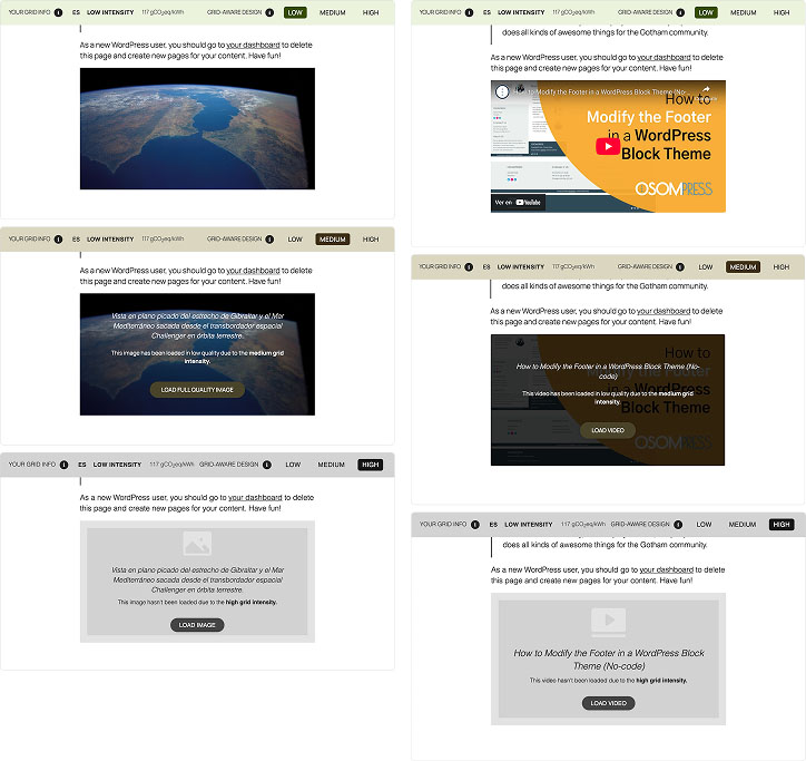 Screenshots illustrating how embedded images and videos are displayed depending on grid intensity.
