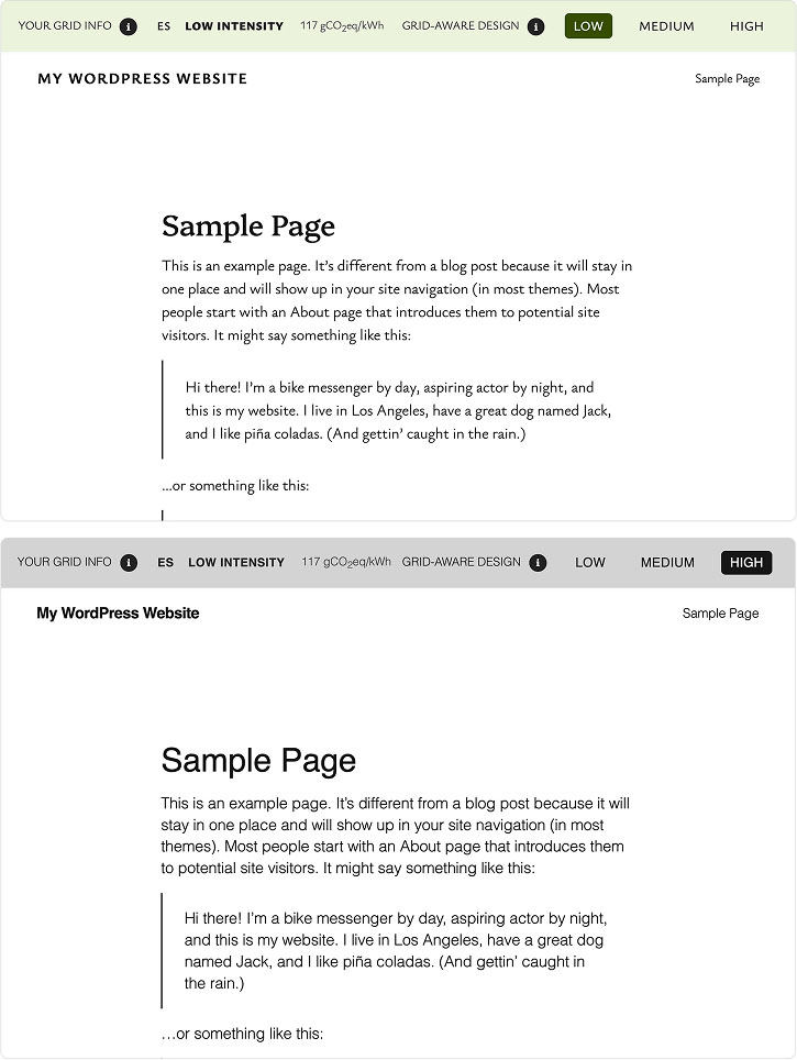 Capturas de pantalla que muestran la diferencia entre el diseño original, con tipografías personalizadas, y el diseño que se muestra para intensidades altas, con tipografías de sistema.