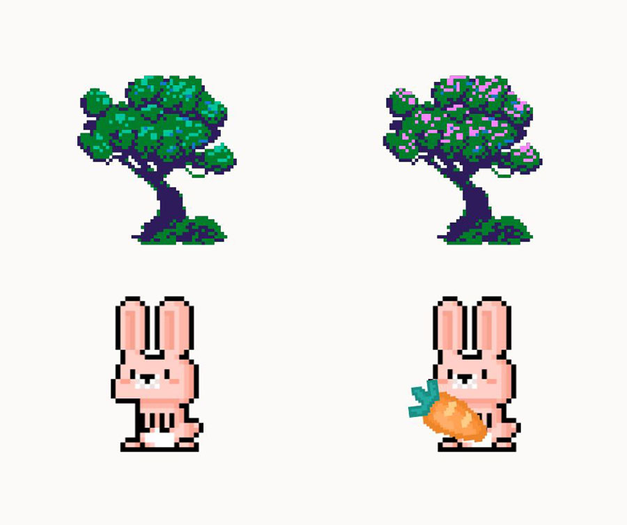 Pixelated tree that is blossoming and a rabbit that is eating a carrot.