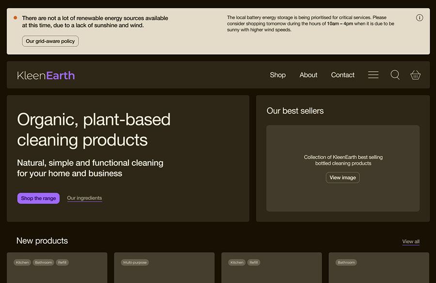 Website user interface showing grid-aware message to users