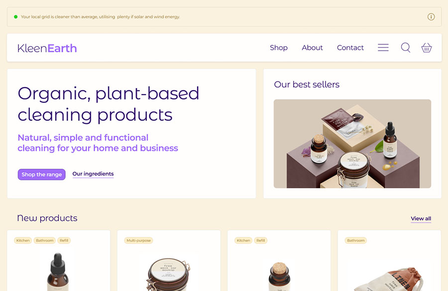 Website user interface showing the low grid impact version, with full imagery, fonts and functionality