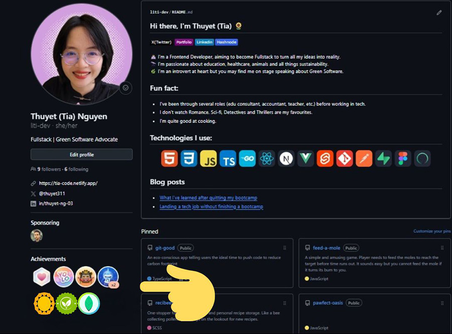A GitHub profile featuring eco badges in the achievement section